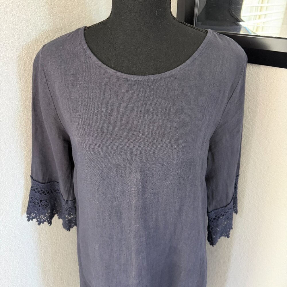 ROSEMARINE 100% Italian Linen 3/4 Sleeve Crochet Dress Blue Gray Small - Picture 8 of 13